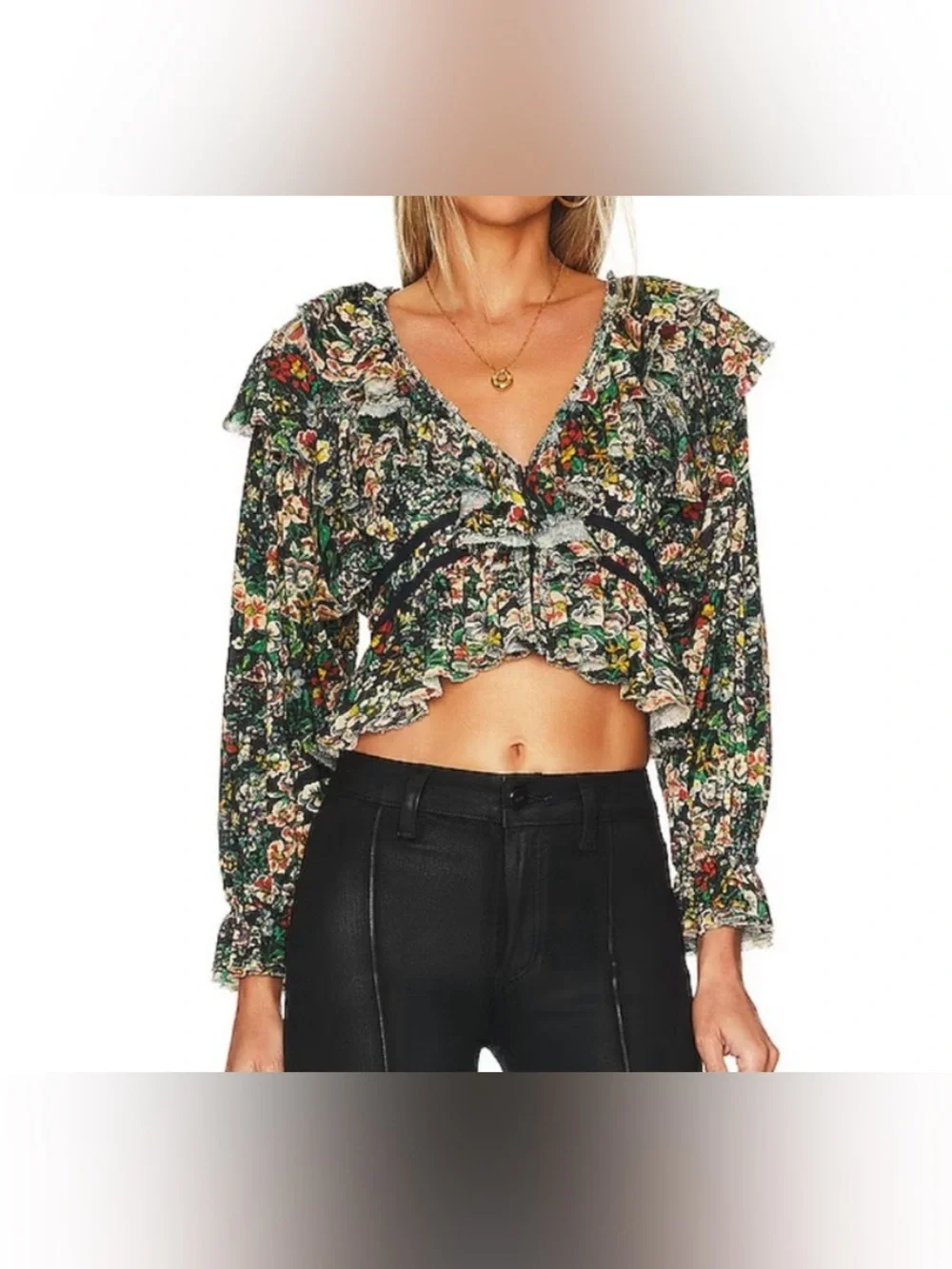 Free People Black and Multicolor Floral Ruffle Long Sleeve Blouse - Size S NWT